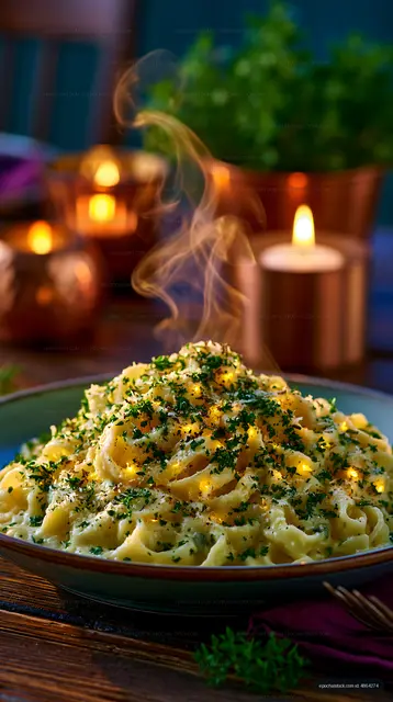 Pasta with herbs and steam in candlelit setting