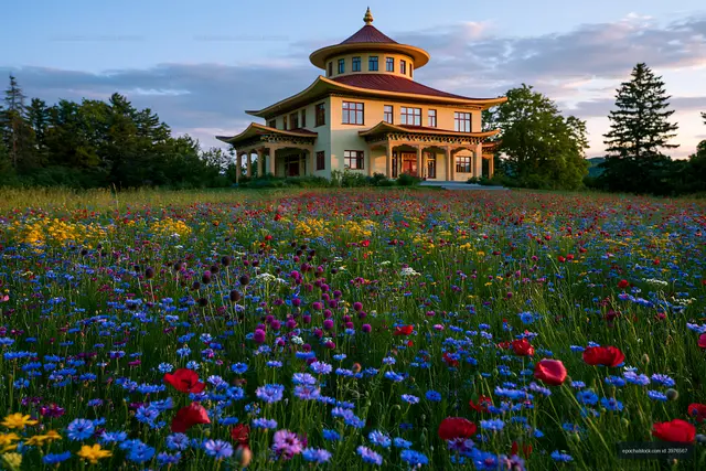 Colorful flowers in a field near a building at sunset