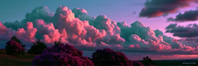 Colorful clouds at dusk above blooming flowers in a landscape