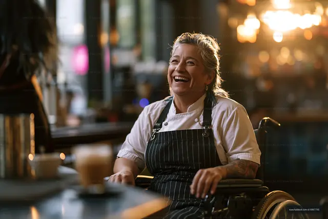 Chef in a wheelchair smiling in a modern restaurant setting