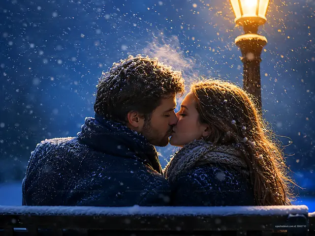 Couple sharing a kiss in snowfall during evening hours