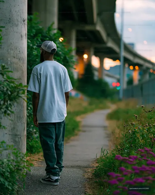 Person walking along a path under an overpass in the evening