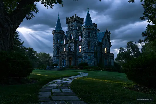 Historic mansion under a cloudy sky with illuminated windows