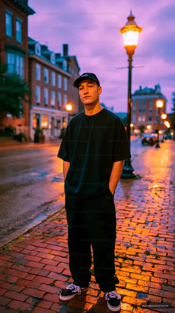 Young man standing on wet cobblestone street near streetlight