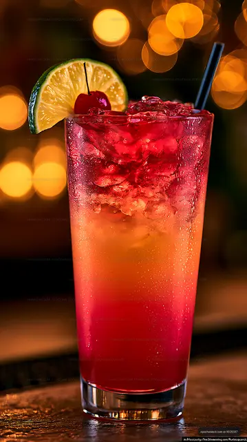 Colorful cocktail with cherry and lime on a bar counter
