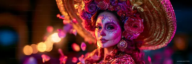 Woman with colorful makeup and flowers during festival celebration