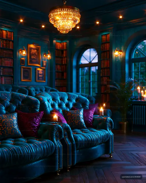 Cozy interior of a library with blue furniture and candles