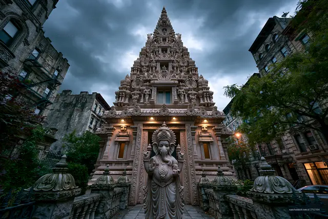 Beautiful temple architecture with statue in city setting