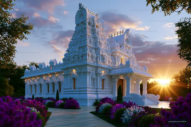 Elegant temple surrounded by flowers at sunset