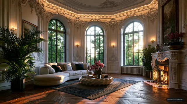 Elegant living room with large windows and cozy fireplace