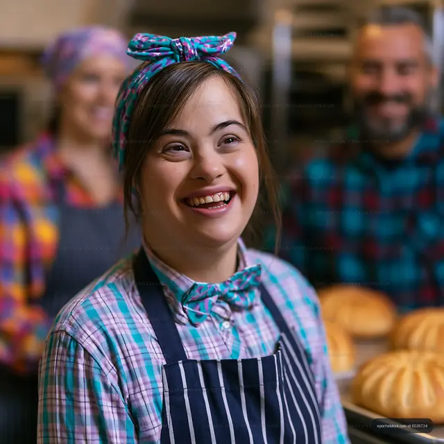 Smiling baker with Down syndrome in a bakery with team members