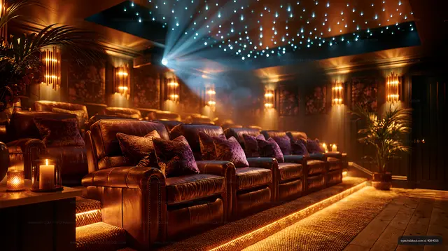 Cozy home theater with plush seating and ambient lighting