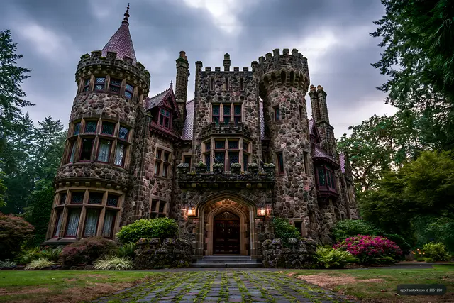 Historic stone castle with turrets and gardens in cloudy weather