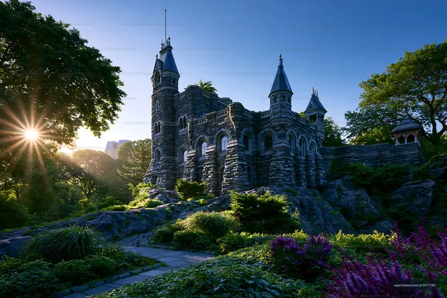 Castle structure with towers surrounded by trees at sunset