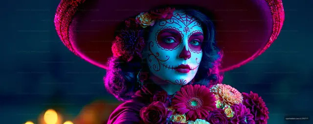 Woman in colorful costume celebrating Dia de los Muertos