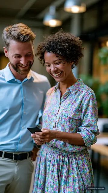 Couple sharing a moment while looking at a phone inside a cafe