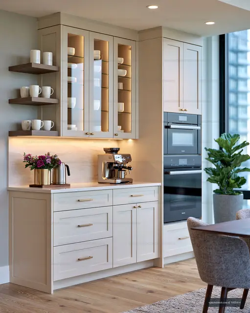 Modern kitchen with coffee maker and stylish cabinets