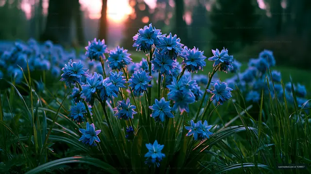 Blue flowers bloom in a garden at sunset