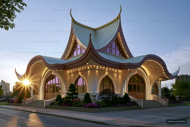 Unique architecture of a building with light reflections at sunset