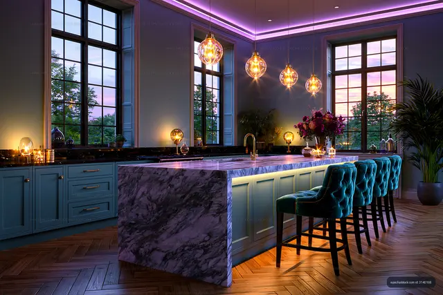 Modern kitchen with marble island and colorful lighting