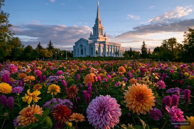 Colorful flowers in a field by a church during sunset