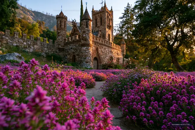 Castle surrounded by blooming purple flowers in a garden