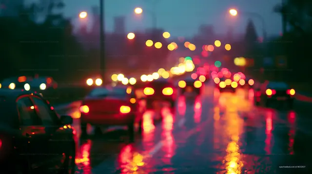 City street with traffic during rainy night