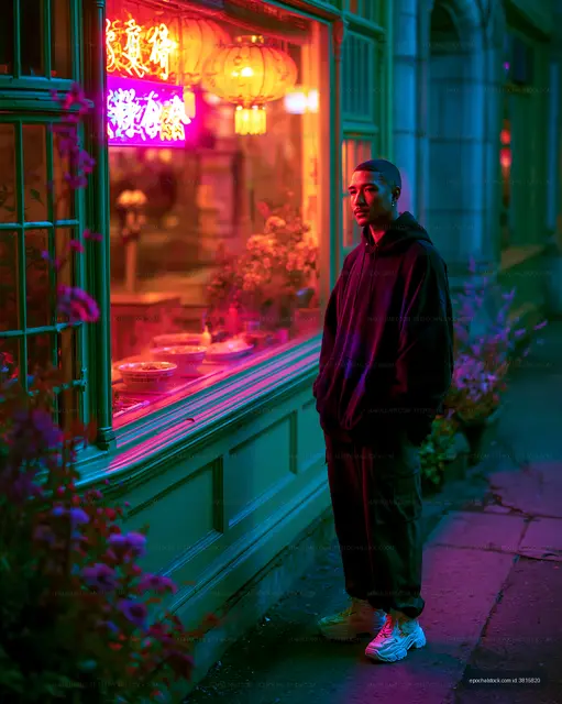 Man standing outside a brightly lit restaurant at night