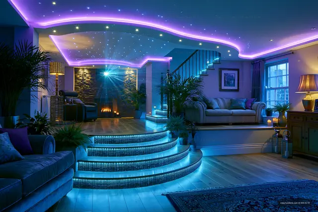Modern living room with LED lights and a cozy fireplace