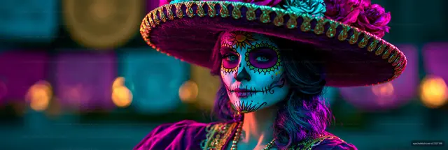 Woman with sugar skull makeup and colorful hat at celebration