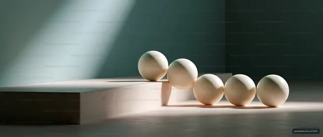 Five white spheres on a minimal platform with soft light