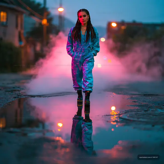 Young woman walks on street after rain with colorful lights