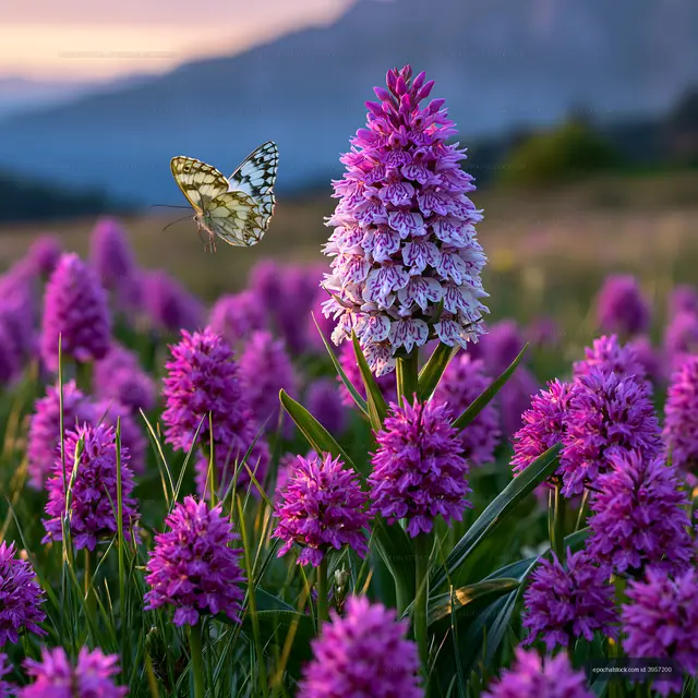 Butterfly flying near purple flowers on a sunny day
