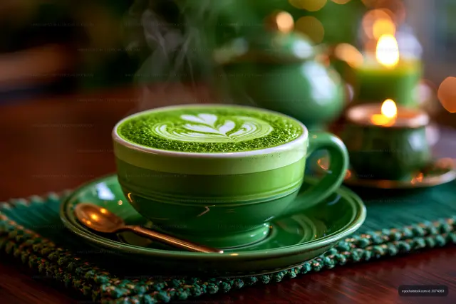 Green matcha tea in a cup on a table with candles