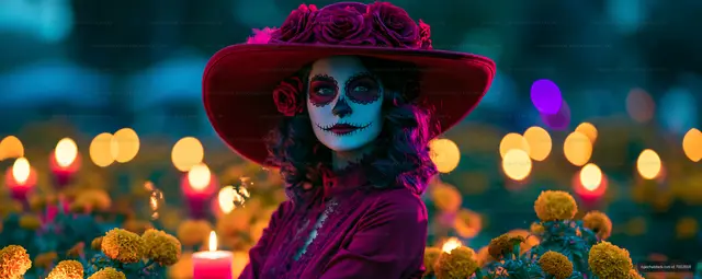 Woman in colorful dress and hat at Dia de los Muertos celebration