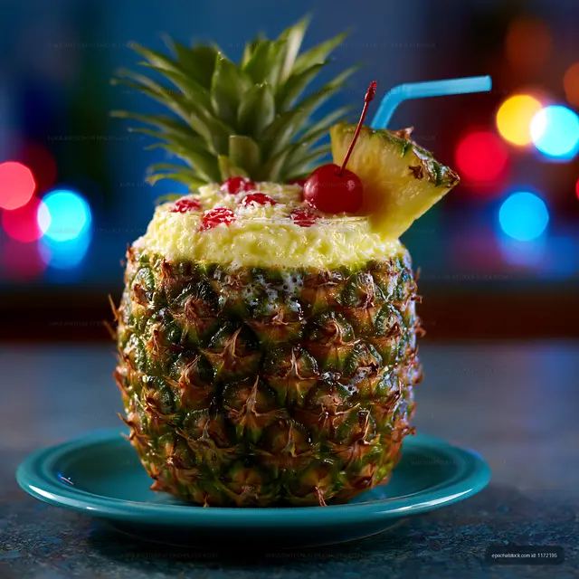 Pineapple drink with cherry and straw on blue plate