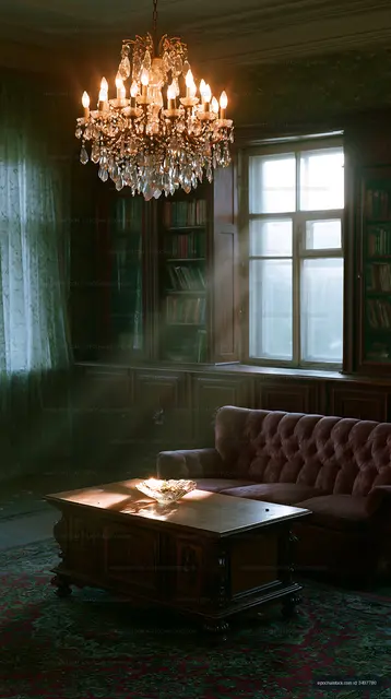 Chandelier in a vintage room with sunlight and bookshelves