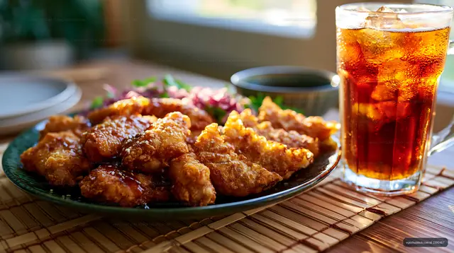Crispy fried chicken served with salad and iced drink