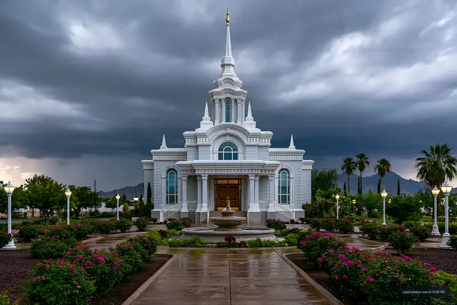 Stormy sky over a white church building with garden path