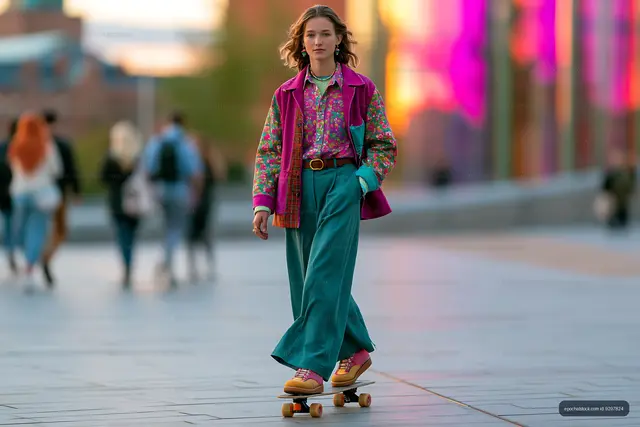 Young woman skating on a city street in colorful outfit
