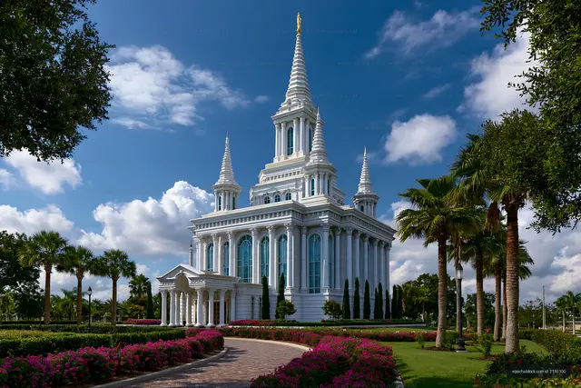 White temple surrounded by palm trees and vibrant flowers