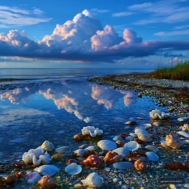 Shells scattered on a sandy shore with clouds and water reflections