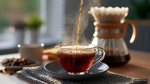 Coffee is brewed in a glass cup on a wooden table