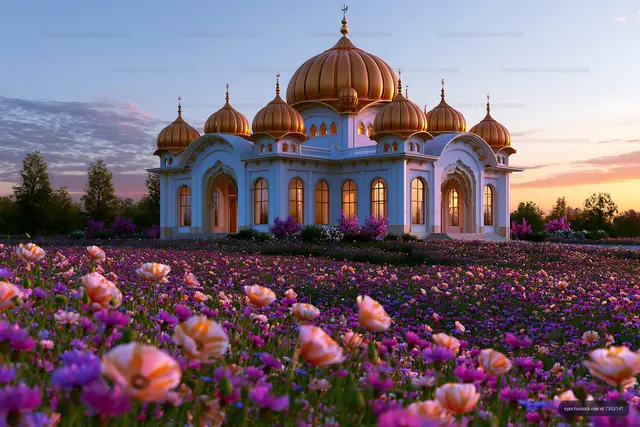 Beautiful temple surrounded by flowers at sunset