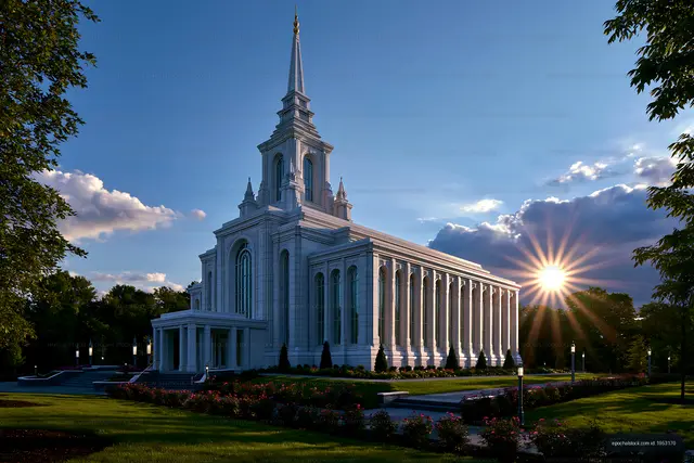 Sunset views of a white church with a tall spire and gardens