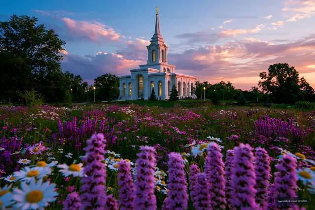 Beautiful flowers in front of white church at sunset