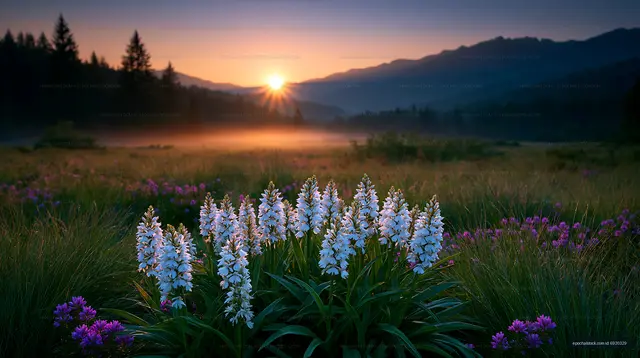 Sunrise over a field of flowers with mountains in the background