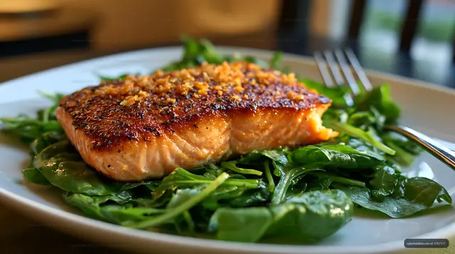 Grilled salmon fillet served on a bed of fresh spinach