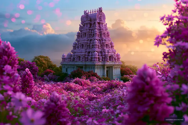 Colorful temple surrounded by flowers at sunset