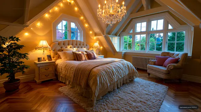 Cozy bedroom with warm lighting and a large window